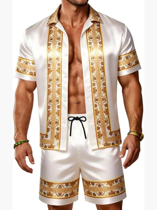 Other - Men's Satin Silk Button Down Shirt Set 2 Piece Summer Beach Outfits